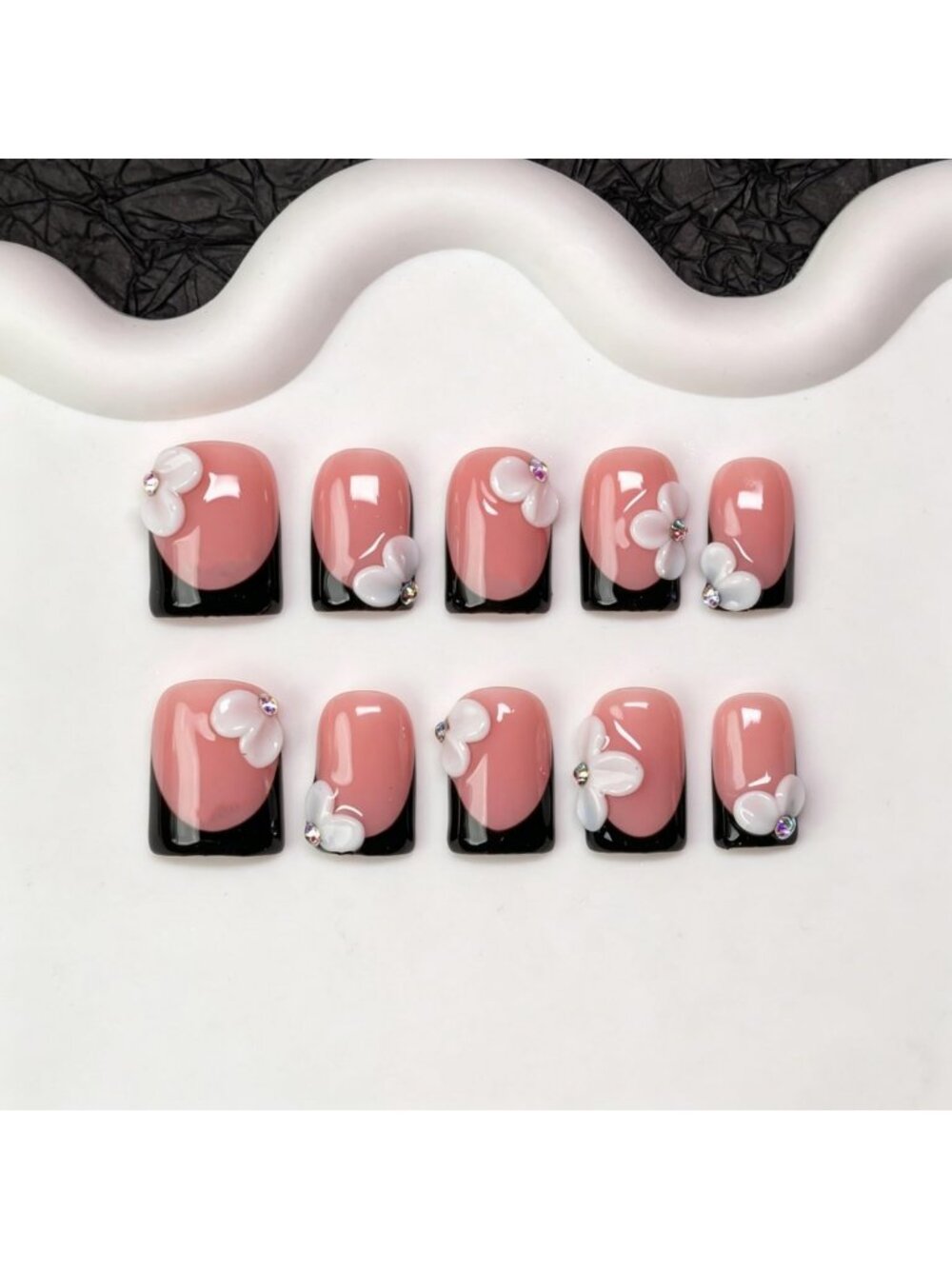 Handmade White Flower Press-On Nails with Black French Tips & 3D Floral Accents